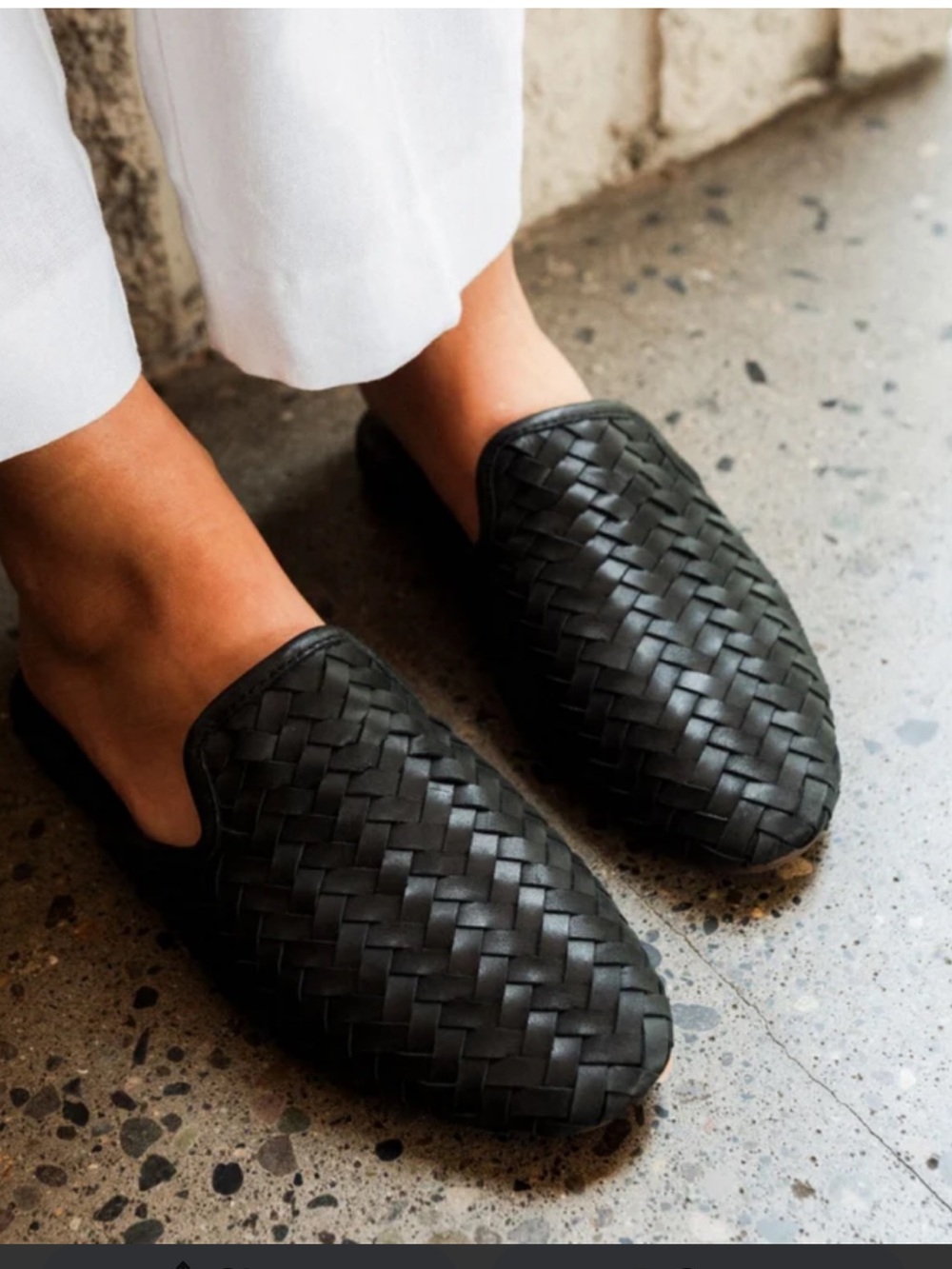 OluKai Black Woven Leather Slip-On Loafers